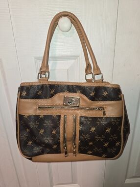Beverly Hill Polo Club Brown & Tan Patterned Shoulder Bag with Front Zip Detail